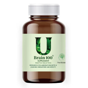 Verpackung braune Pillendose mit grünem Etikett mit der Aufschrift UBrain 100