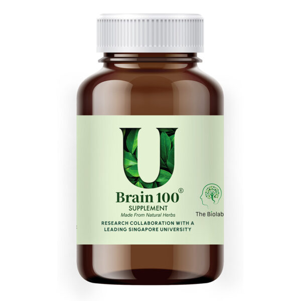 Verpackung braune Pillendose mit grünem Etikett mit der Aufschrift UBrain 100